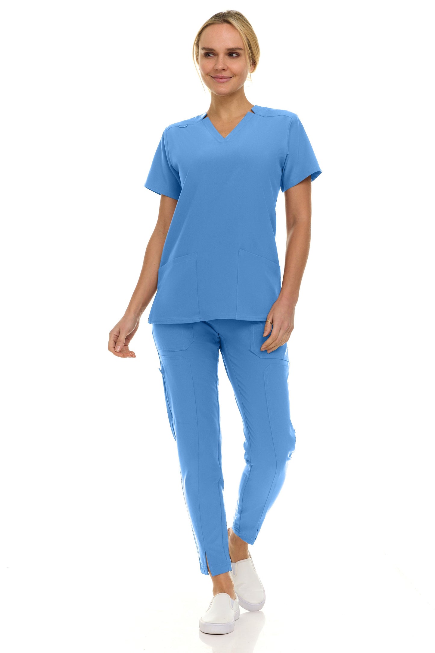 8001 Jill Saint Scrub Women's Set: Notched V-Neck Top & Tapered Leg Scrub Pant