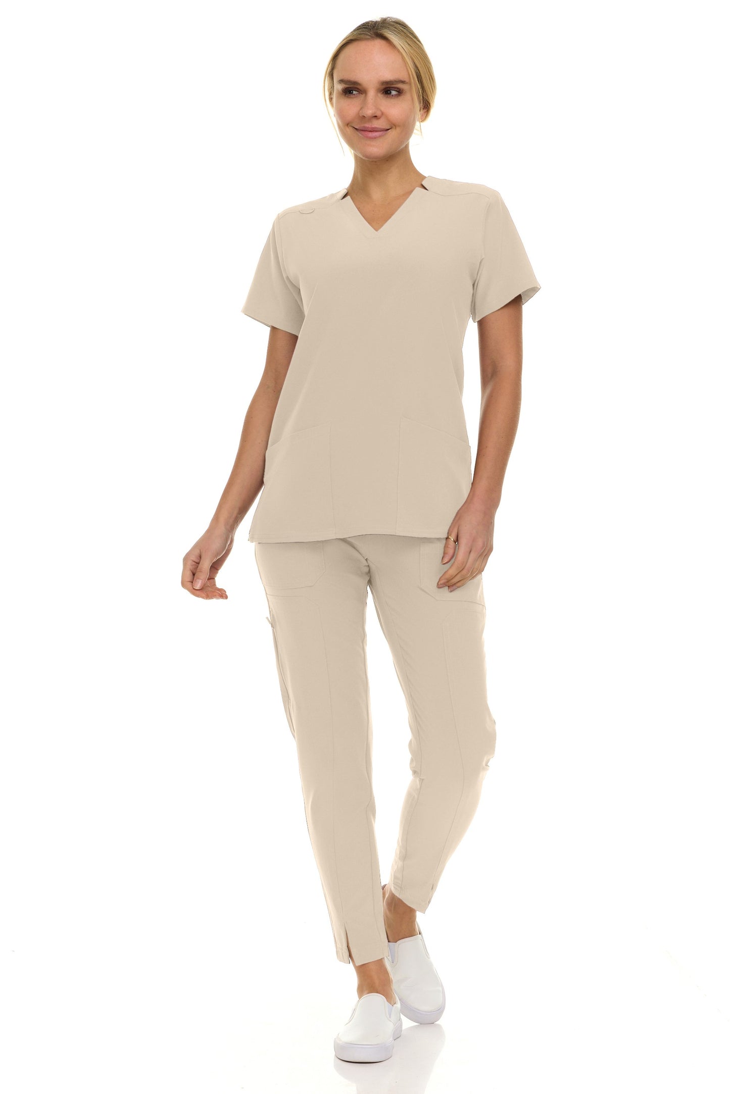 8001 Jill Saint Scrub Women's Set: Notched V-Neck Top & Tapered Leg Scrub Pant