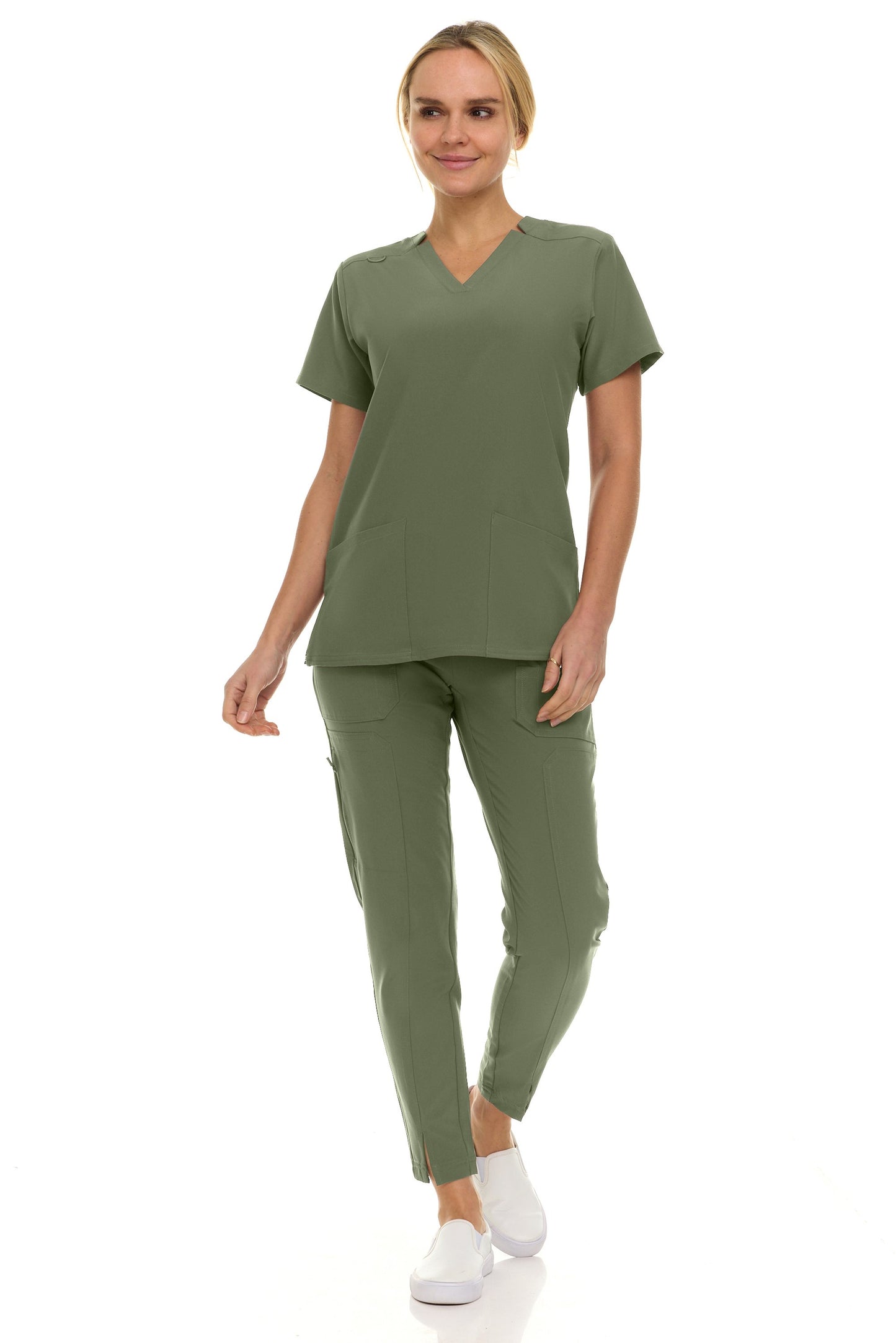 8001 Jill Saint Scrub Women's Set: Notched V-Neck Top & Tapered Leg Scrub Pant
