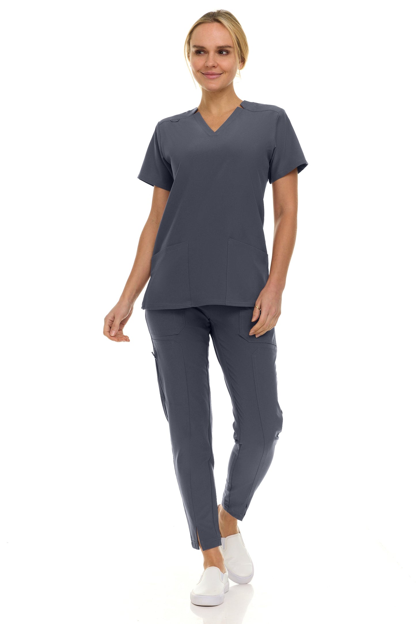 8001 Jill Saint Scrub Women's Set: Notched V-Neck Top & Tapered Leg Scrub Pant