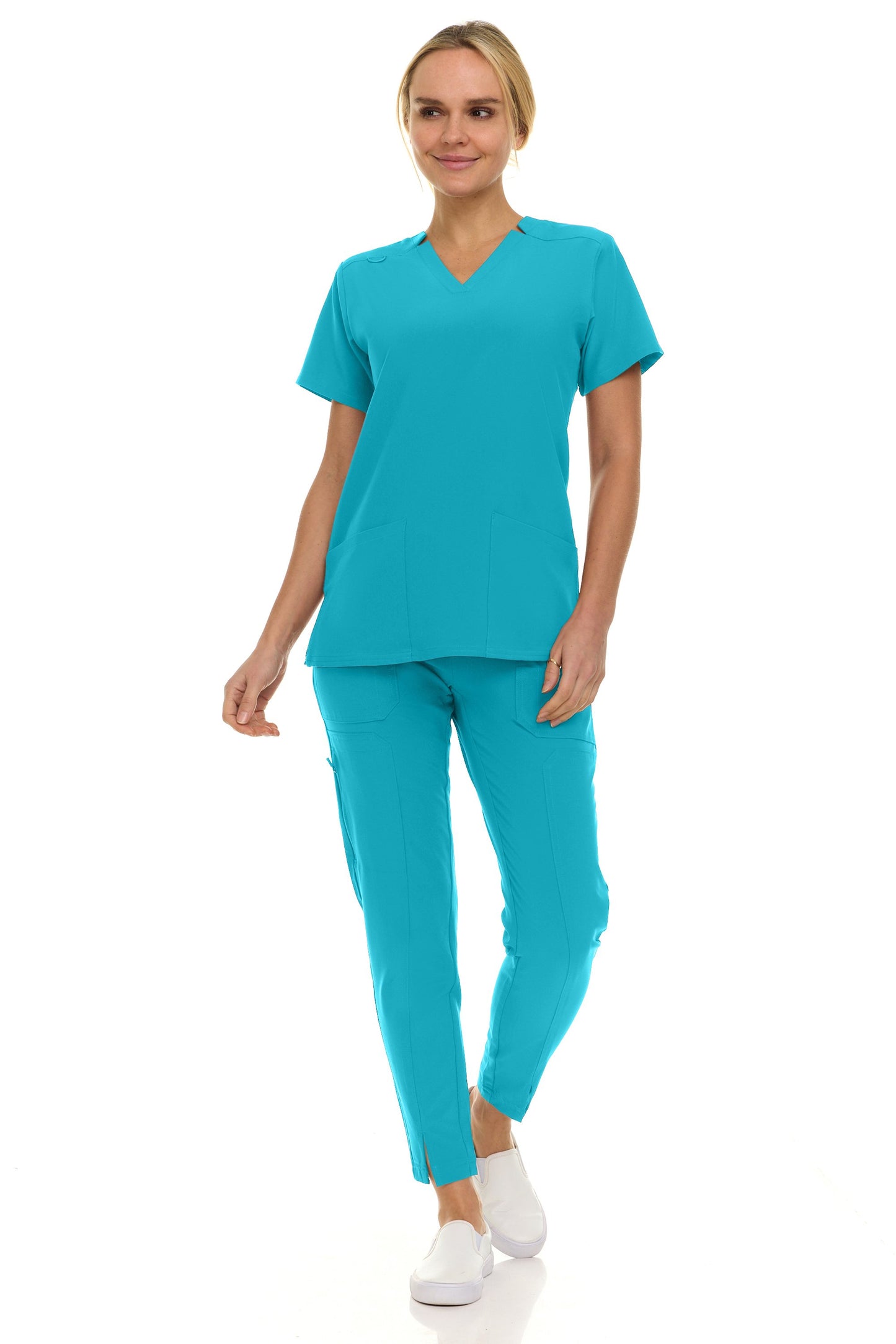 8001 Jill Saint Scrub Women's Set: Notched V-Neck Top & Tapered Leg Scrub Pant