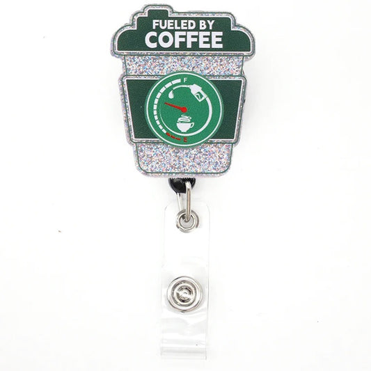 CU-541 Fueled By Coffee - Cutieful Glitter Acrylic Badge Reel